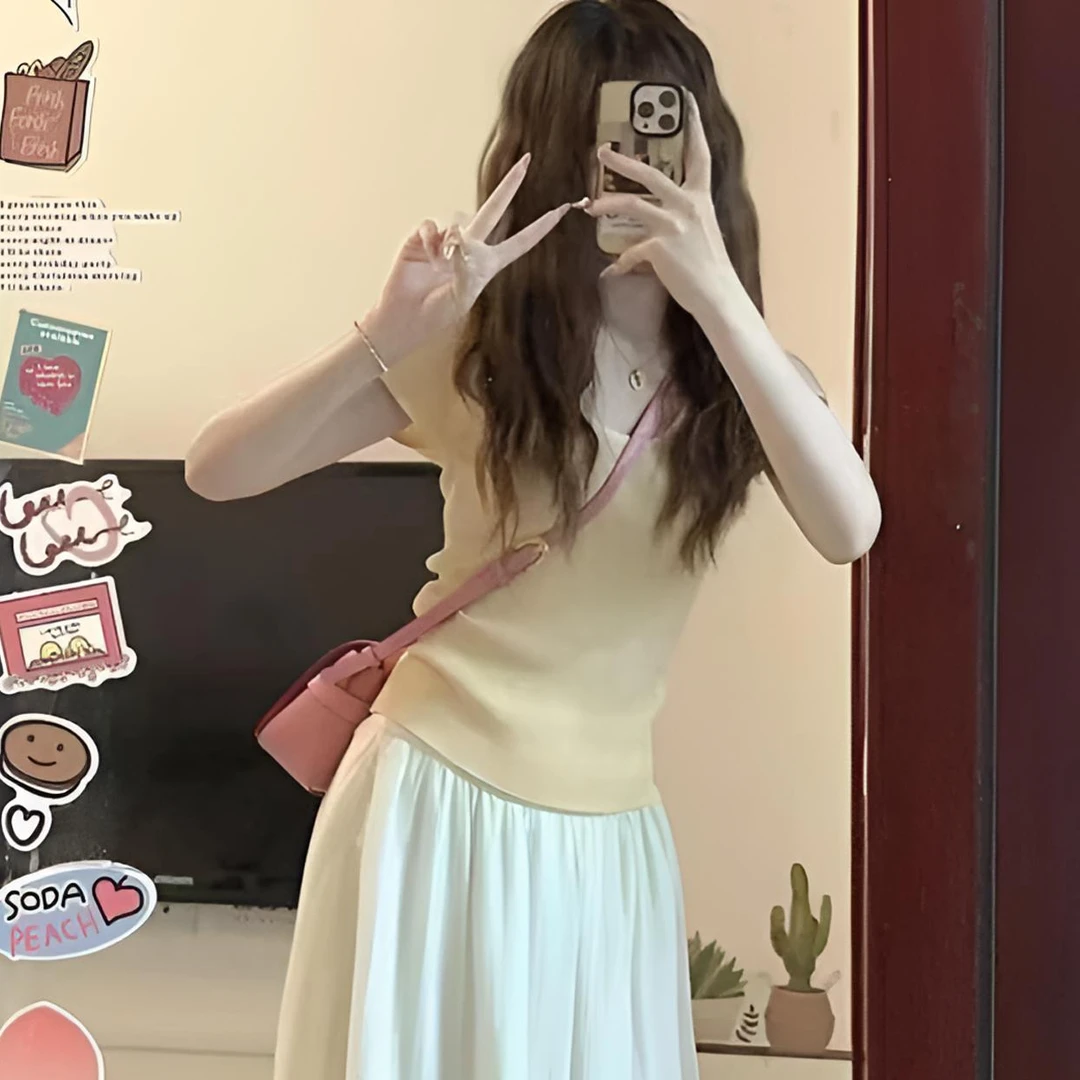 少女初中生高中夏季新款奶黄色甜美针织短袖T恤学生韩版薄款上衣