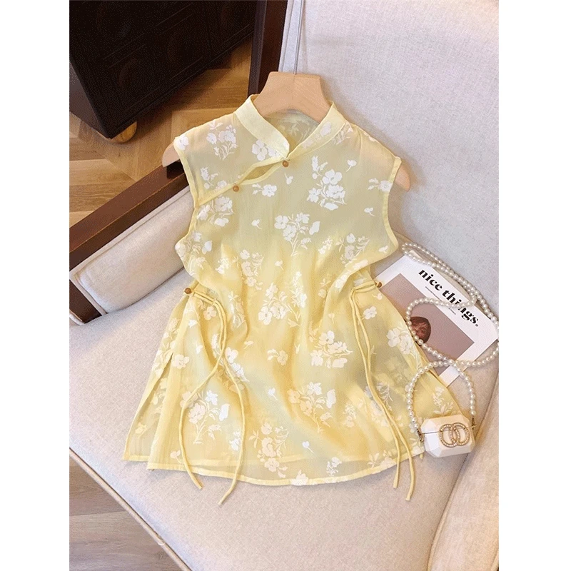 好听鸭2025年夏季新中式国风盘扣简约黄色无袖立领衬衫上衣女潮流