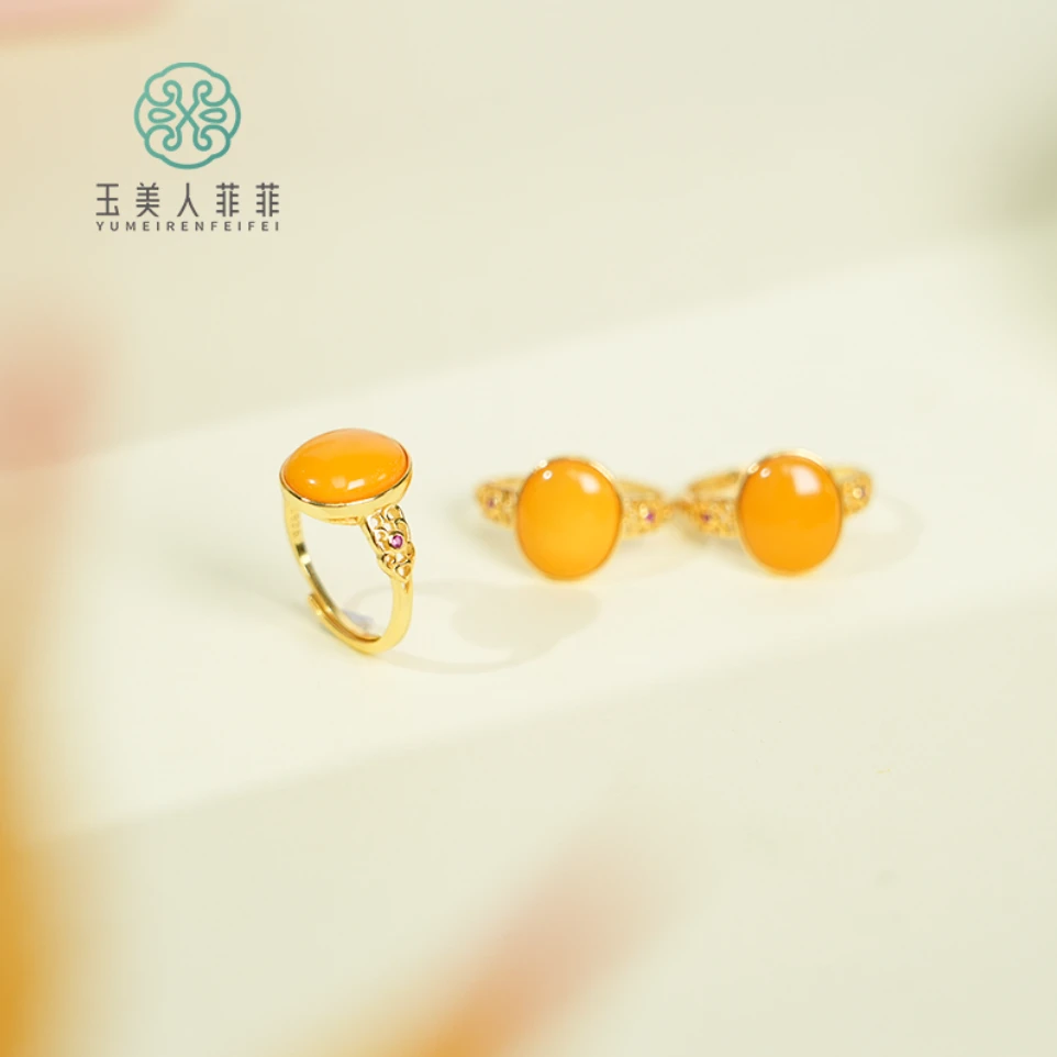 菲菲珠宝好+S925蜜蜡蛋面戒指开口戒约12.8*11mm/多样性发一