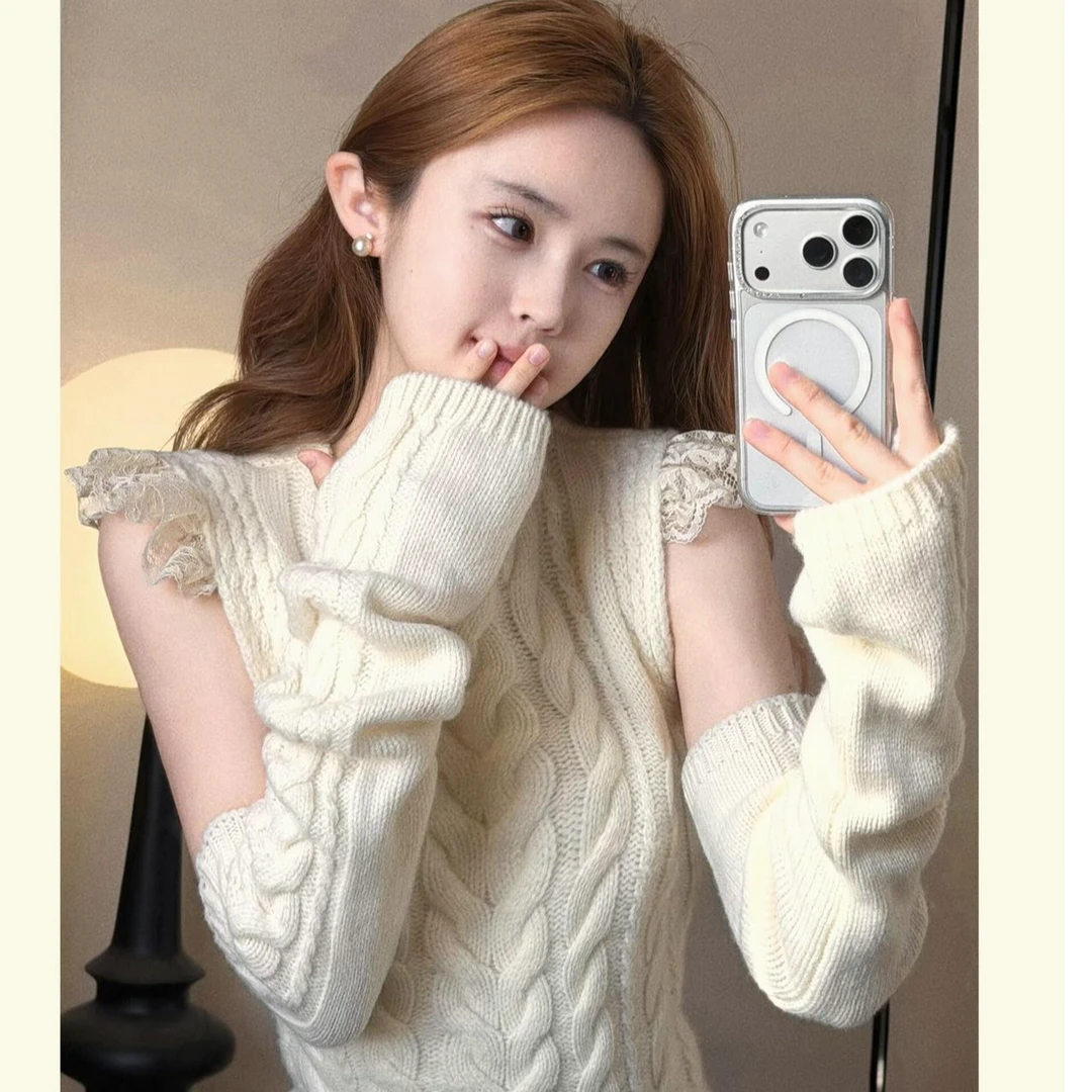 法式白色蕾丝边针织背心毛衣女秋冬高级感气质修身软糯绝美上衣