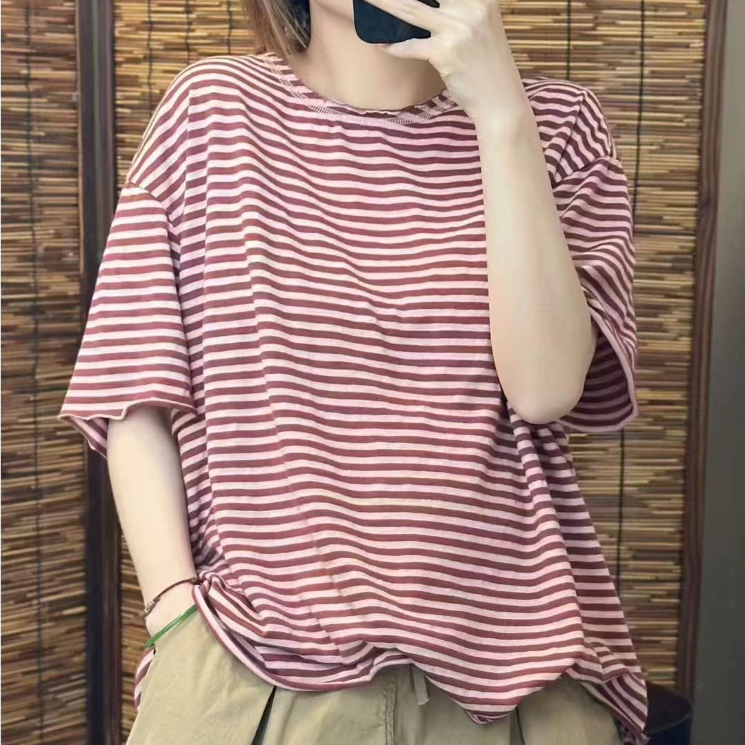 139511宽松圆领条纹短袖上衣