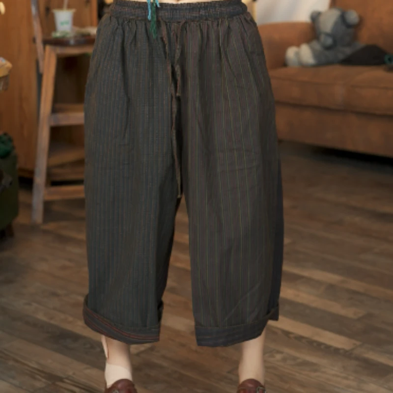 33 丽子原创 条纹蓝染老布撞色女士裤子 臀围132长72