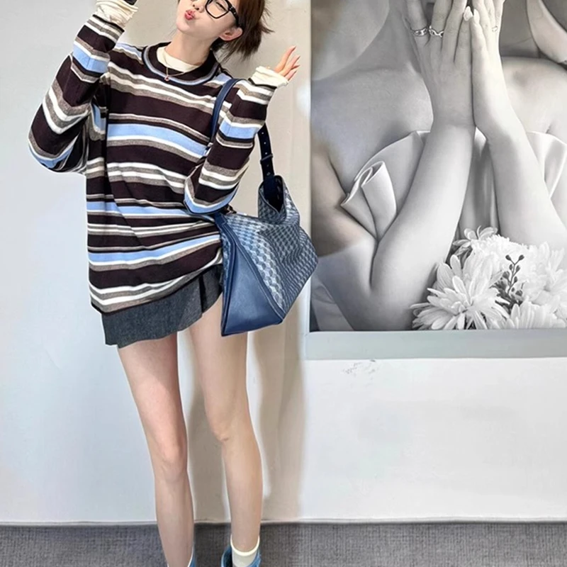 美式复古撞色条纹长袖正肩t恤女春秋别致独特超好看宽松单穿上衣