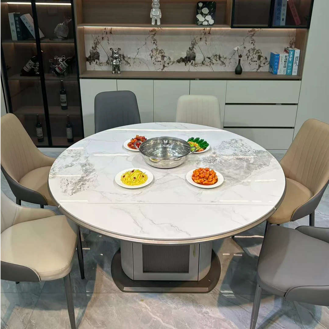 轻奢休闲智能岩板电磁炉可伸缩可折叠方圆两用餐桌