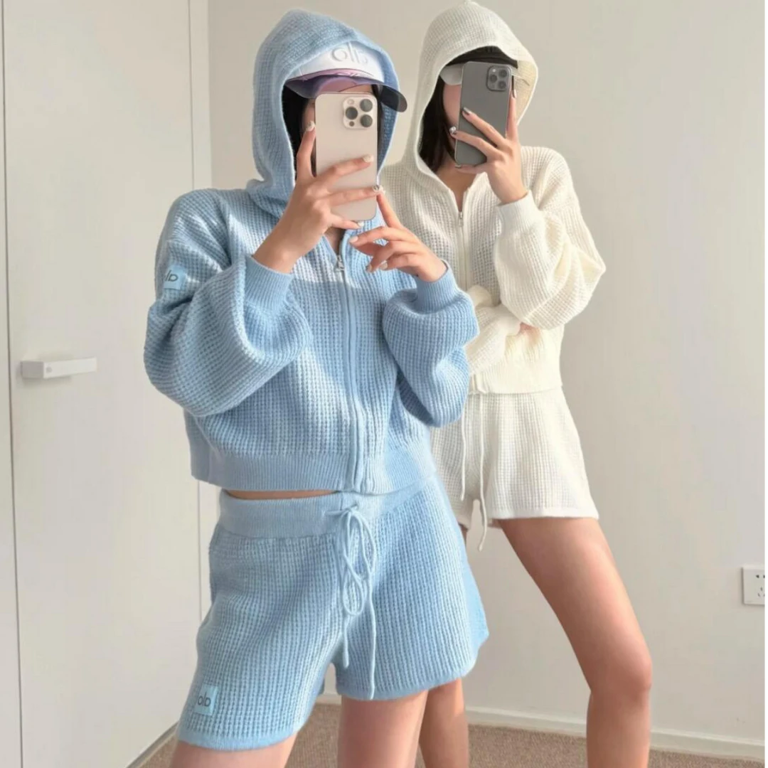 aloyoga华夫格全拉链上衣带帽套装短裤潮流复古健身外穿休闲