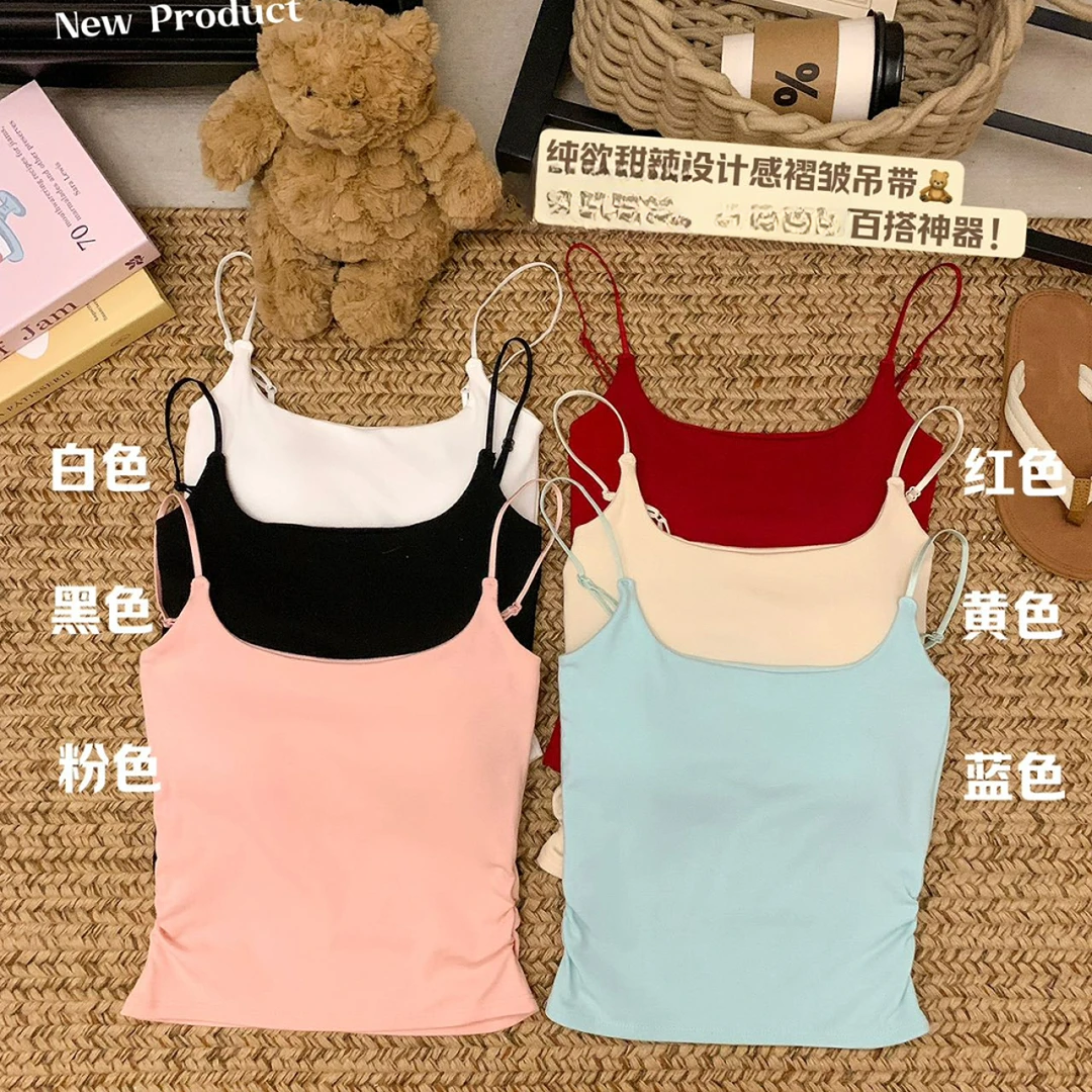 小清新通勤爆款糖果色辣妹纯欲褶皱小背心吊带细肩带显瘦外穿内搭