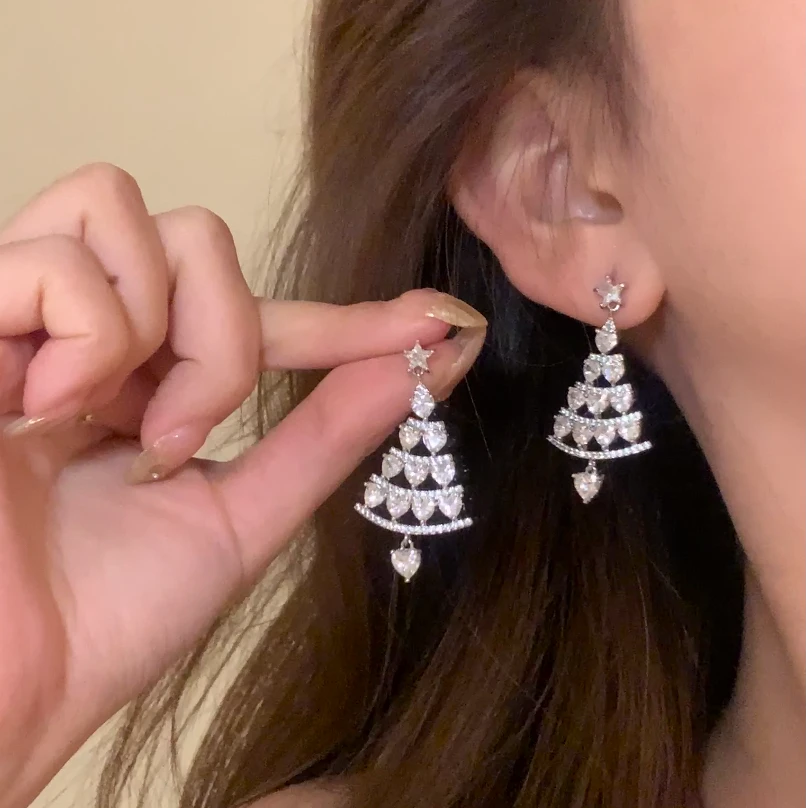 铜合金锆石耳饰 秋冬气质闪锆爱心圣诞树星星耳环女爆闪耳针耳饰