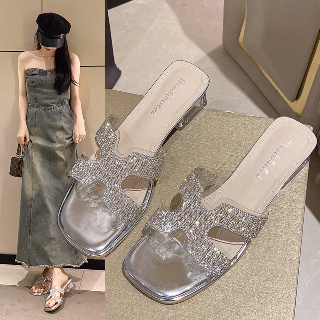 网红一字拖鞋女外穿2025年新款夏季ins韩版珍珠水钻拖鞋仙女凉拖