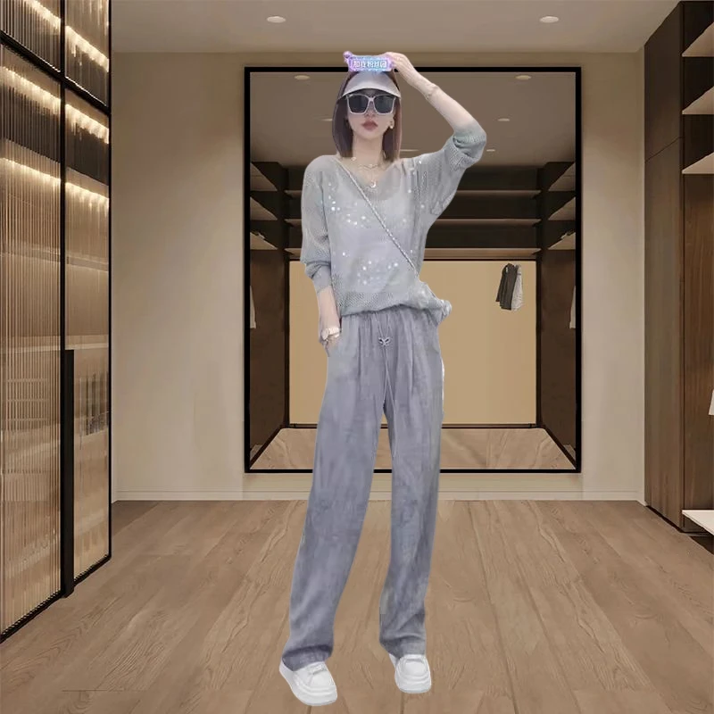 大方得体穿搭两件套装女款2025新款针织防晒罩衫高腰休闲运动裤子