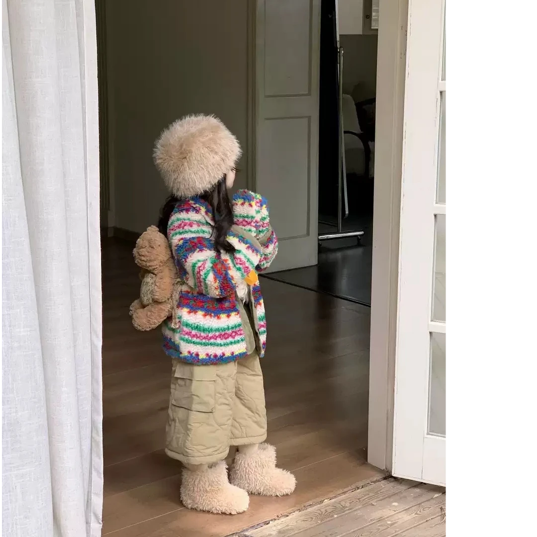 壹妈童装女童韩版厚款秋冬拉链时髦绒毛外套套装卡其色百搭九分裤