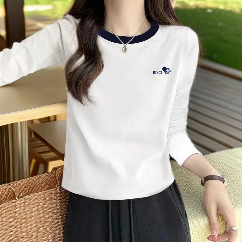 2025秋季新款长袖t恤女撞色拼接洋气衣服女宽松百搭设计感打底衫