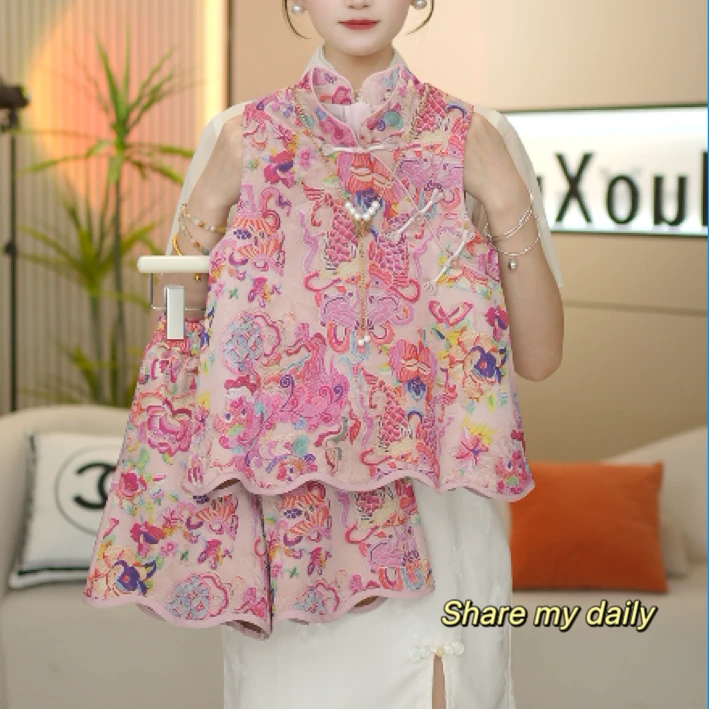 女童2025夏季新款新中式改良国风背心+短裤套装-6237