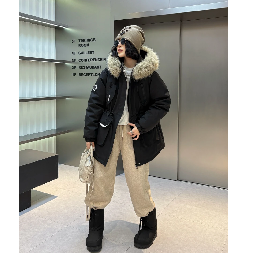 石墨烯云绒~特体大码女装收腰贴标带毛领派克服胖MM813