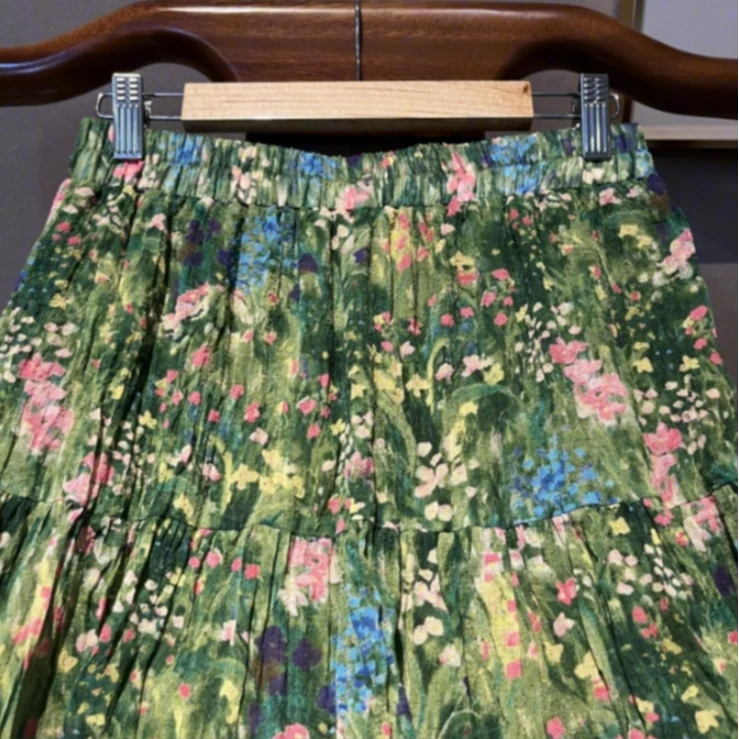 莫奈 芳华设计新中式复古印花裙中国风绿色碎花百褶裙