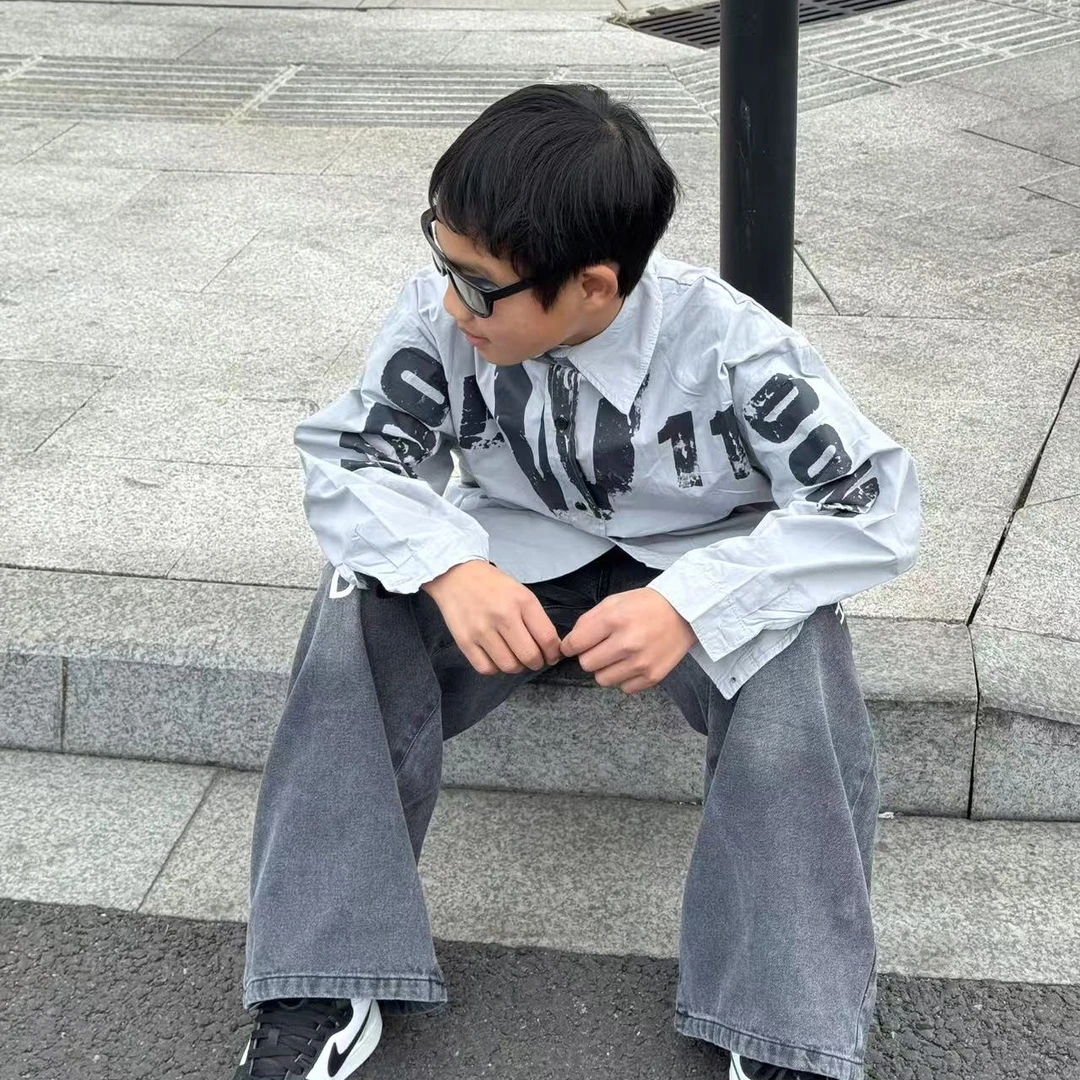 2025新款儿童印花衬衫宽松百搭美式高街款韩版长袖春秋潮流