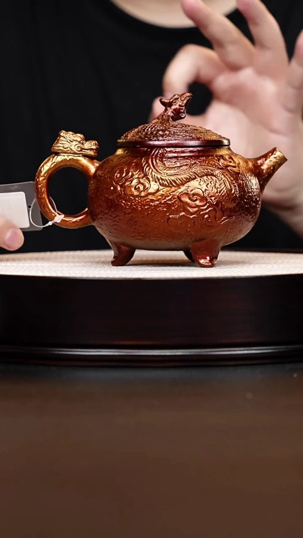 茶壶紫砂宜兴紫砂 三足龙尊壶贝壳烧 徐如蕾