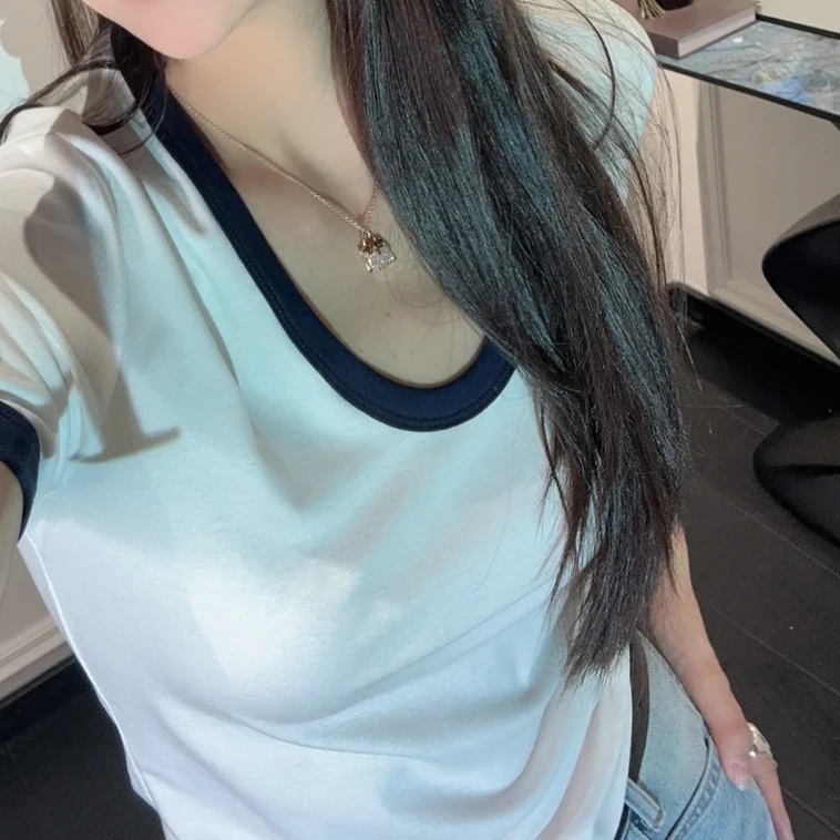 【冰凉莱赛尔T】2025新款夏季设计感撞色U领简约舒适透气短袖T恤女