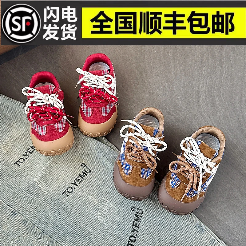 女童鞋2025春秋新款拼色双系带运动板鞋男童运动鞋儿童户外阿甘鞋