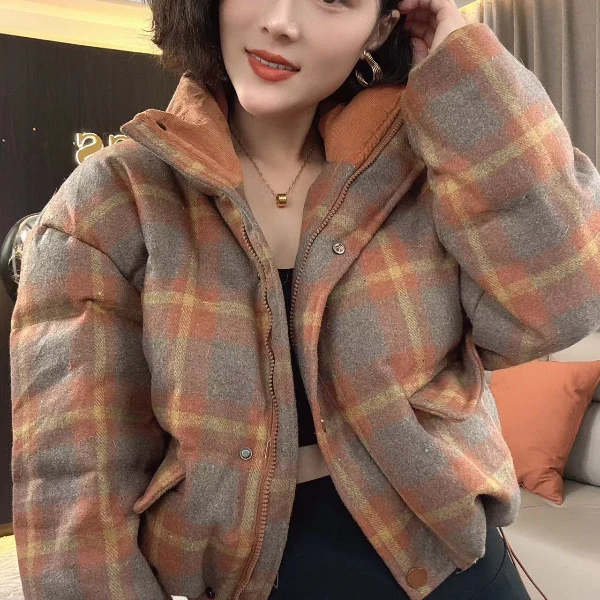 【耿老板1251#】复古港风枫叶黄格立领小短款防寒安心绒服外套