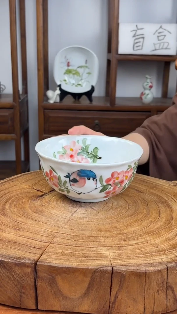 瓷片景德镇手绘高温（釉中彩）捏捏碗桃花呆呆鸟