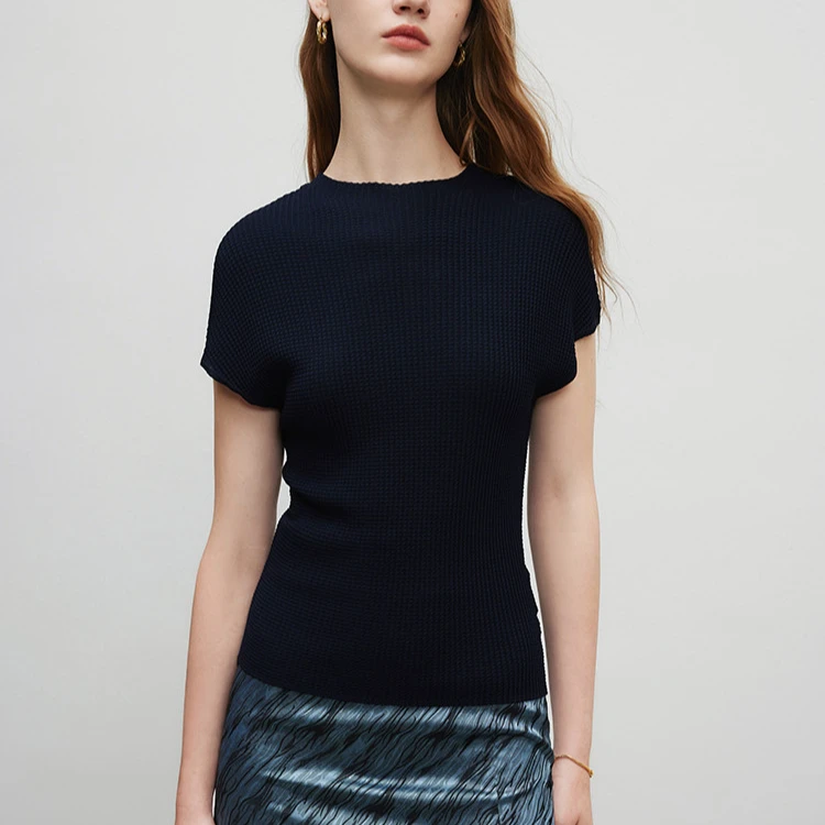纯色百搭短袖女夏季连肩袖设计感气质华夫格T恤Y733101547