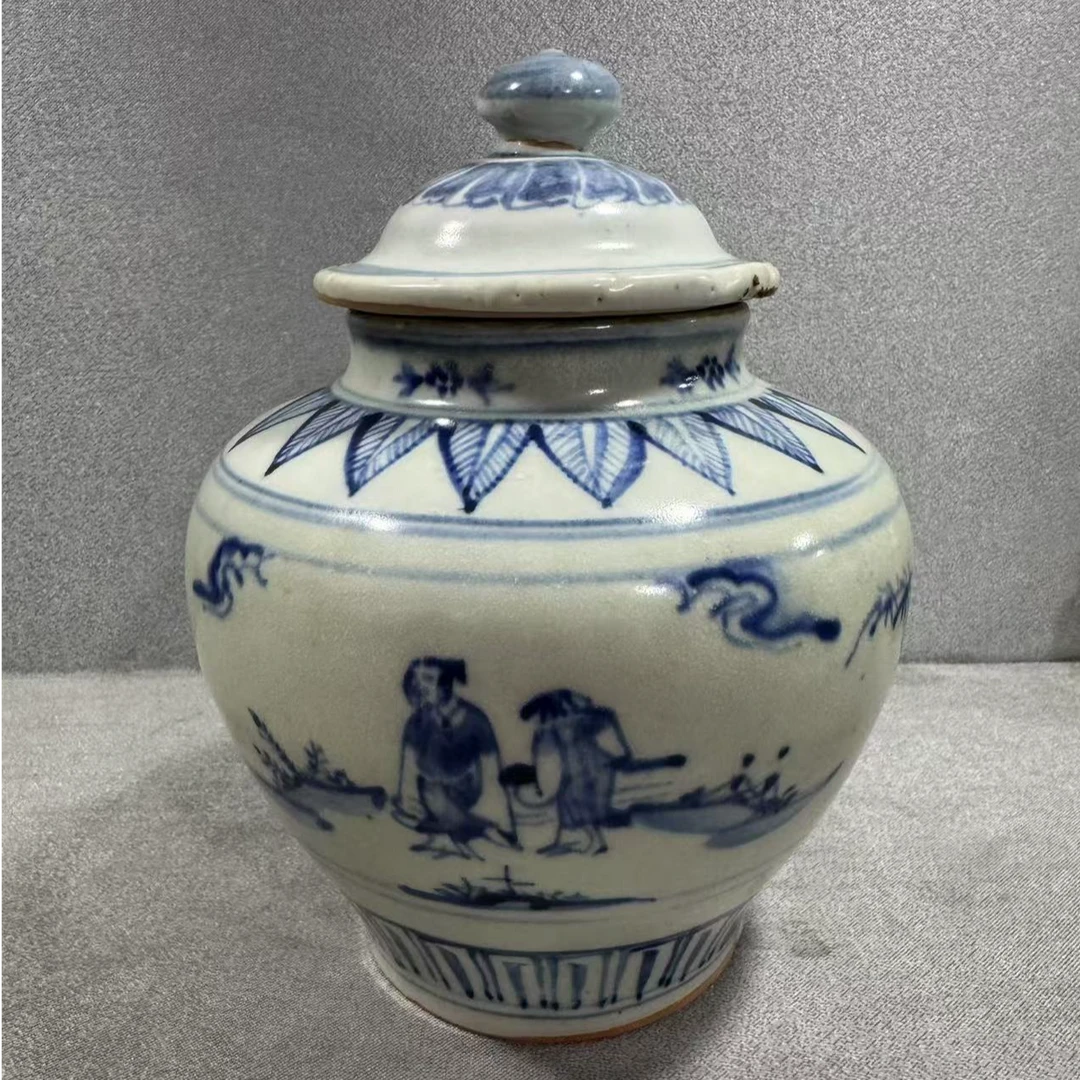 A明代成化 青花携琴访友盖罐（高度约17.5口径7，底足8）