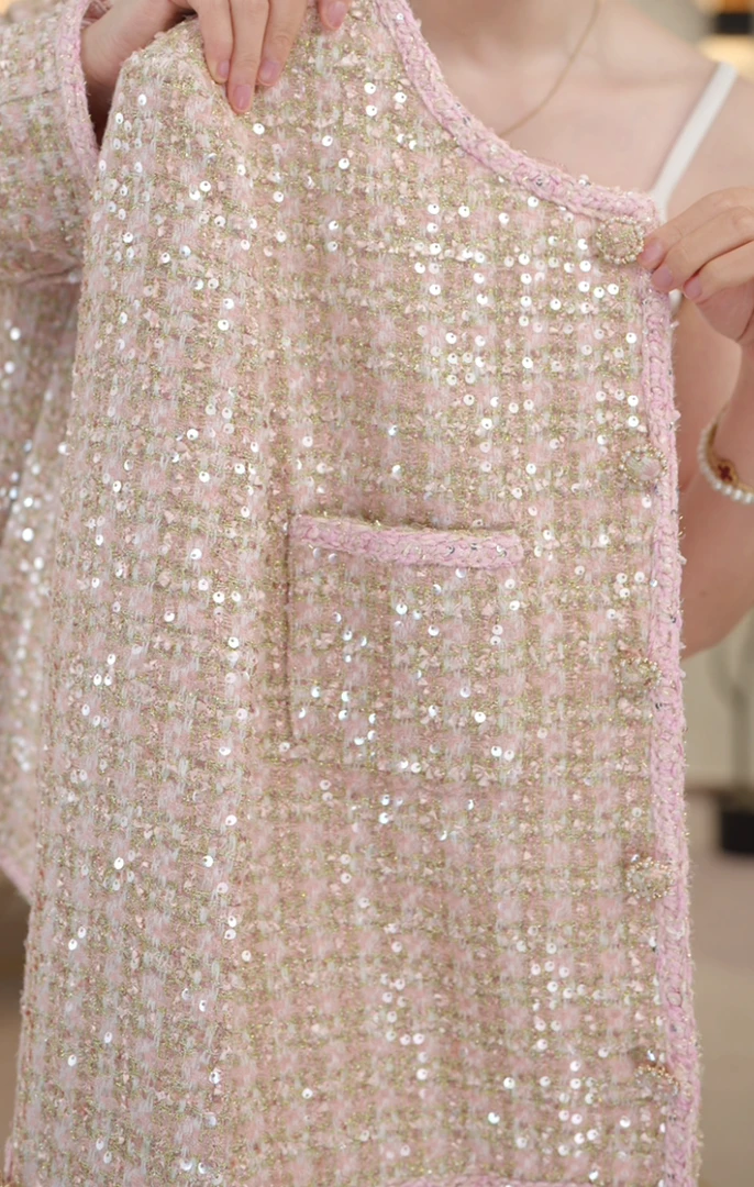 【XC】百搭时尚洋气名媛风气质轻奢修身粉色格子小香风外套