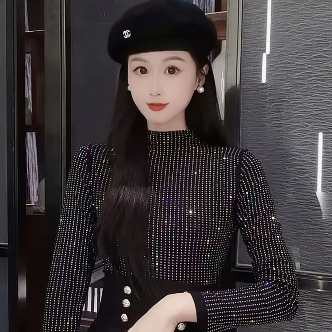 名媛风设计感加绒保暖满钻修身百搭内搭半高领洋气T恤