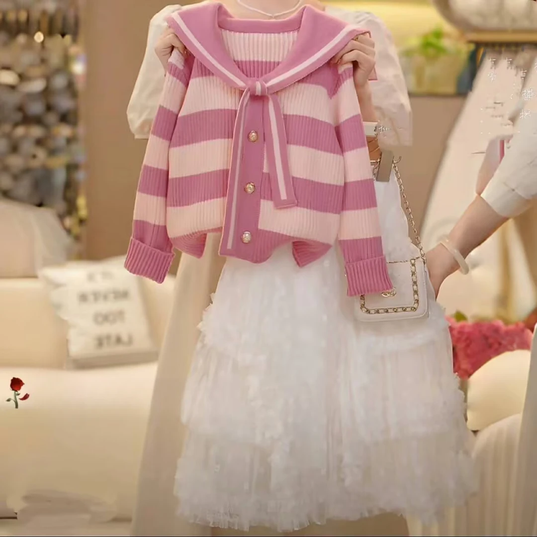 女童2025春季新款蕾丝4毛衣半身裙套装开衫针织衫小香风蛋糕纱裙