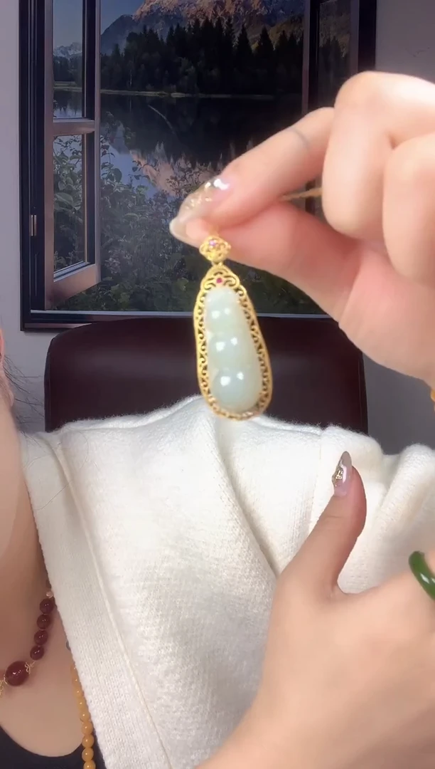 颈饰银S925镶嵌和田玉白玉福豆四季豆吊坠