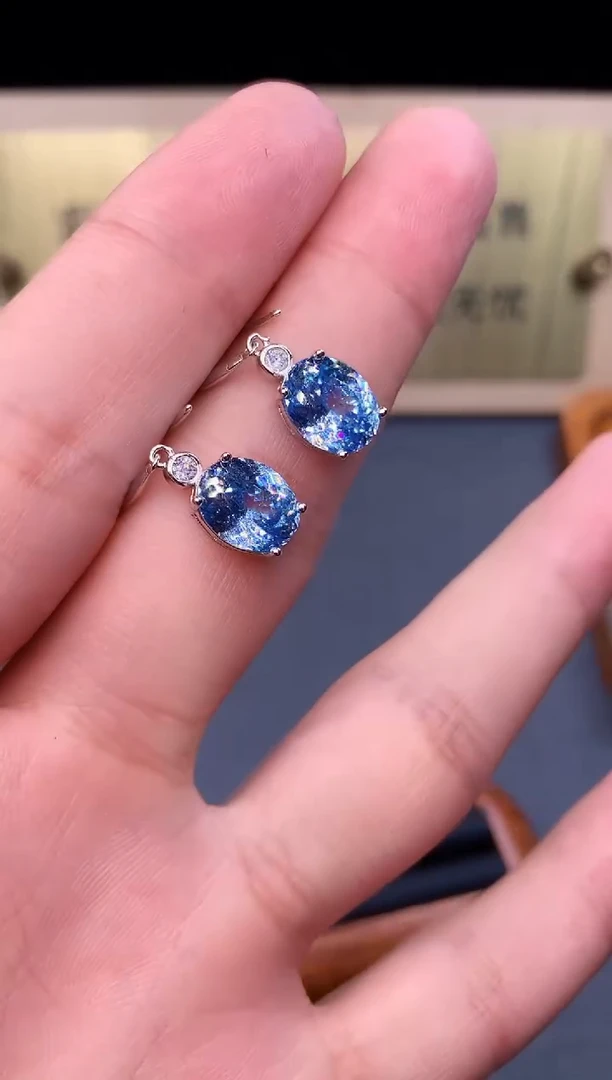 海蓝宝石耳饰银S925镶嵌8785