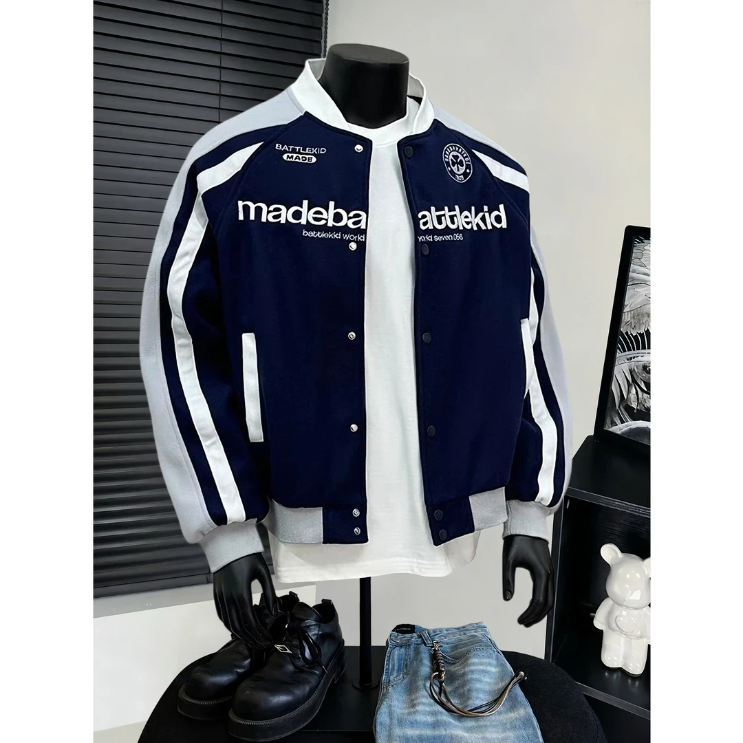 美式高街拼色刺绣棒球服外套男潮牌宽松情侣百搭休闲机车服夹克