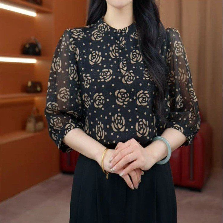 高档2025新款时尚新中式衬衫女气质洋气减龄衬衣印花百搭小衫上衣