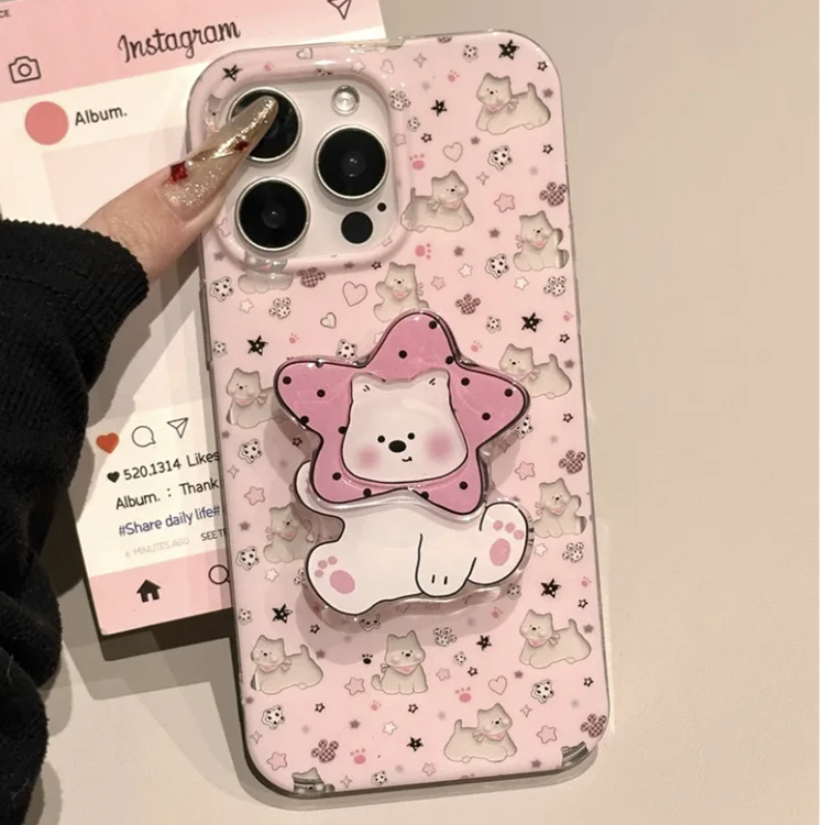 ins可爱粉底镂空星星西高地适用苹果16pro手机壳15promax支架14女