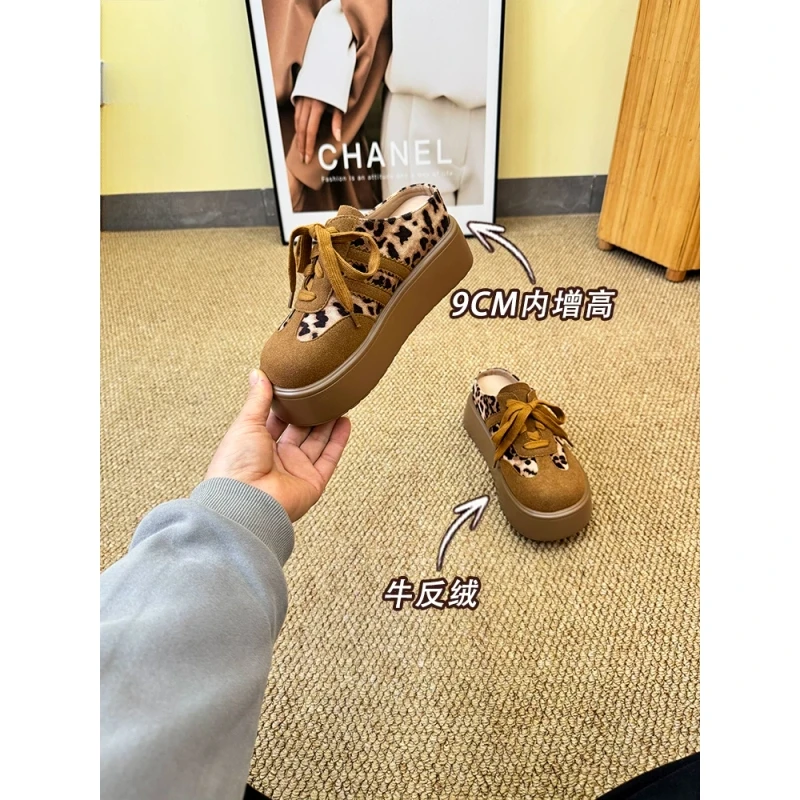 内增高9cm豹纹百搭款包头半拖鞋女2025新款厚底懒人一脚蹬德训鞋