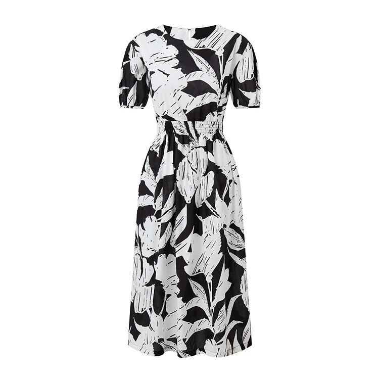 她绽放张静初同款优雅圆领泡泡袖气质连衣裙印花长裙