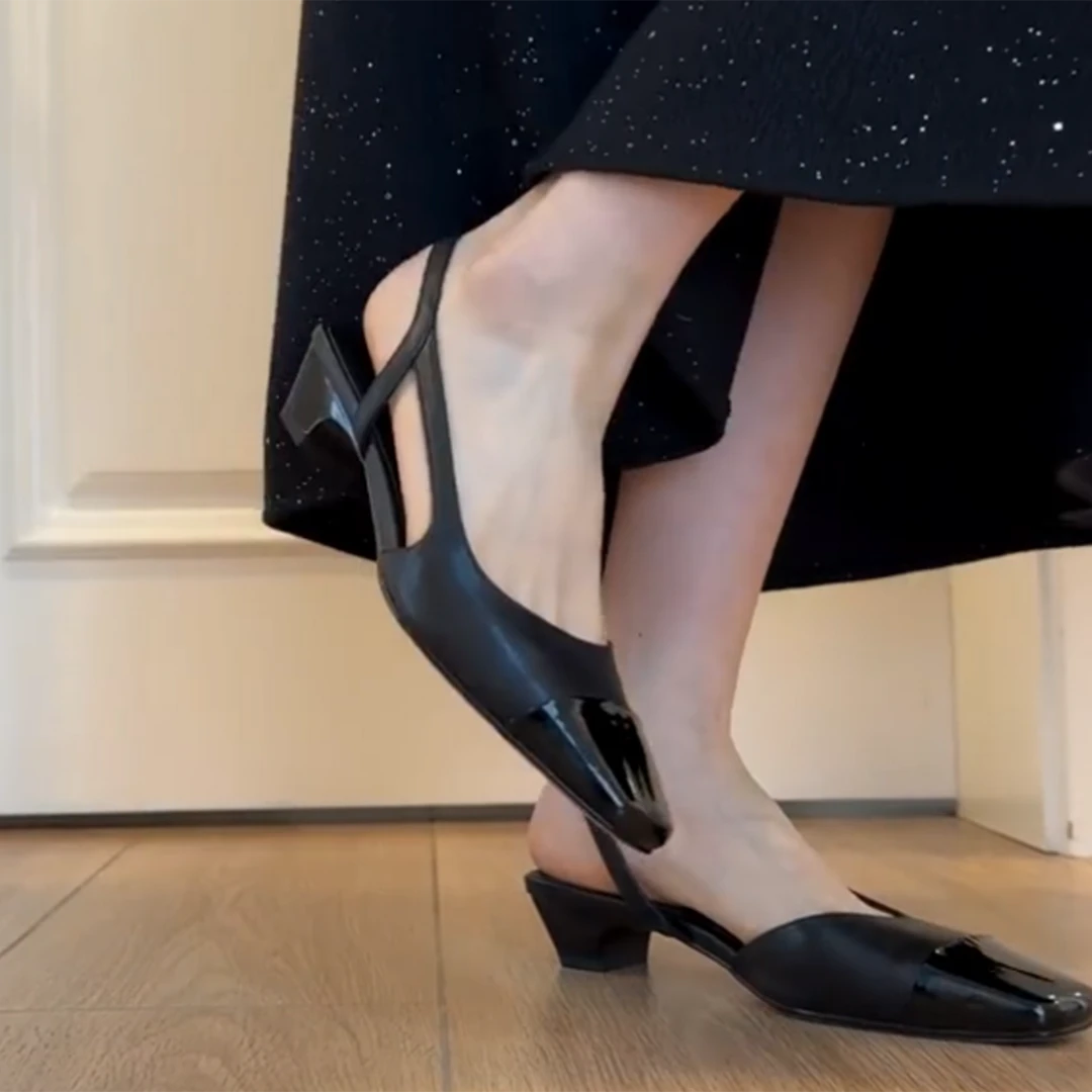 秋妤 包头法式气质单鞋女夏中跟镂空一字带黑色粗高跟鞋日常百搭