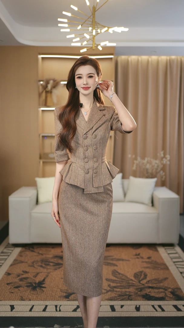 罗曼定制 高定原创卡其色气质长袖修身秋季时尚上衣+半身裙套装