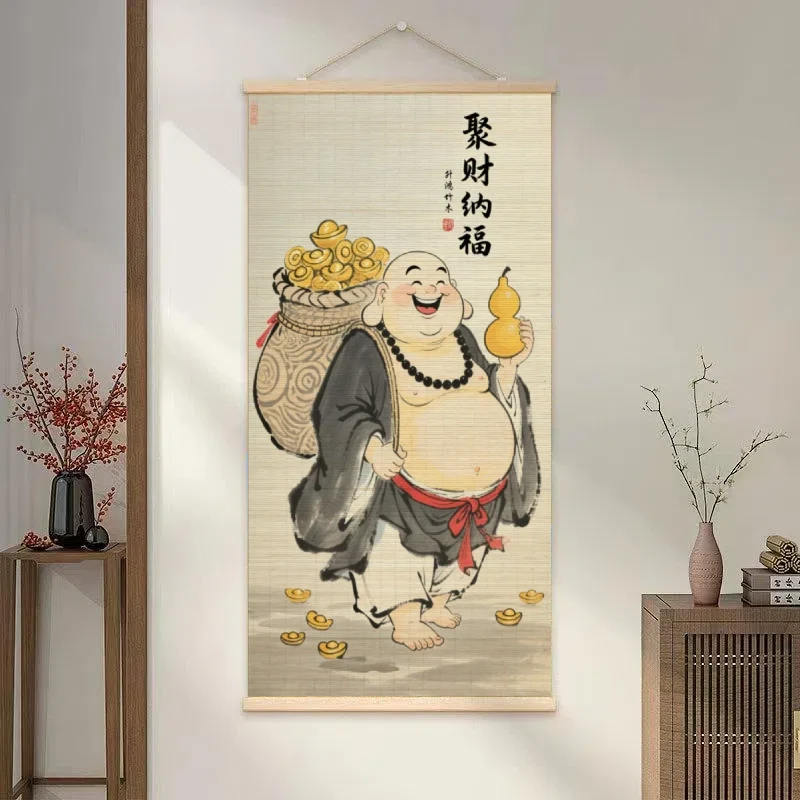 聚财纳福弥勒佛禅意竹编挂画书房茶室玄关古风笑面佛竹帘装饰挂画