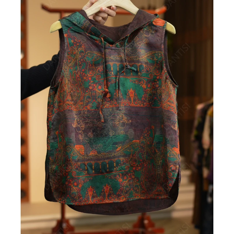 浅时光《非遗美学》2240复古印花时尚减龄连帽无袖上衣