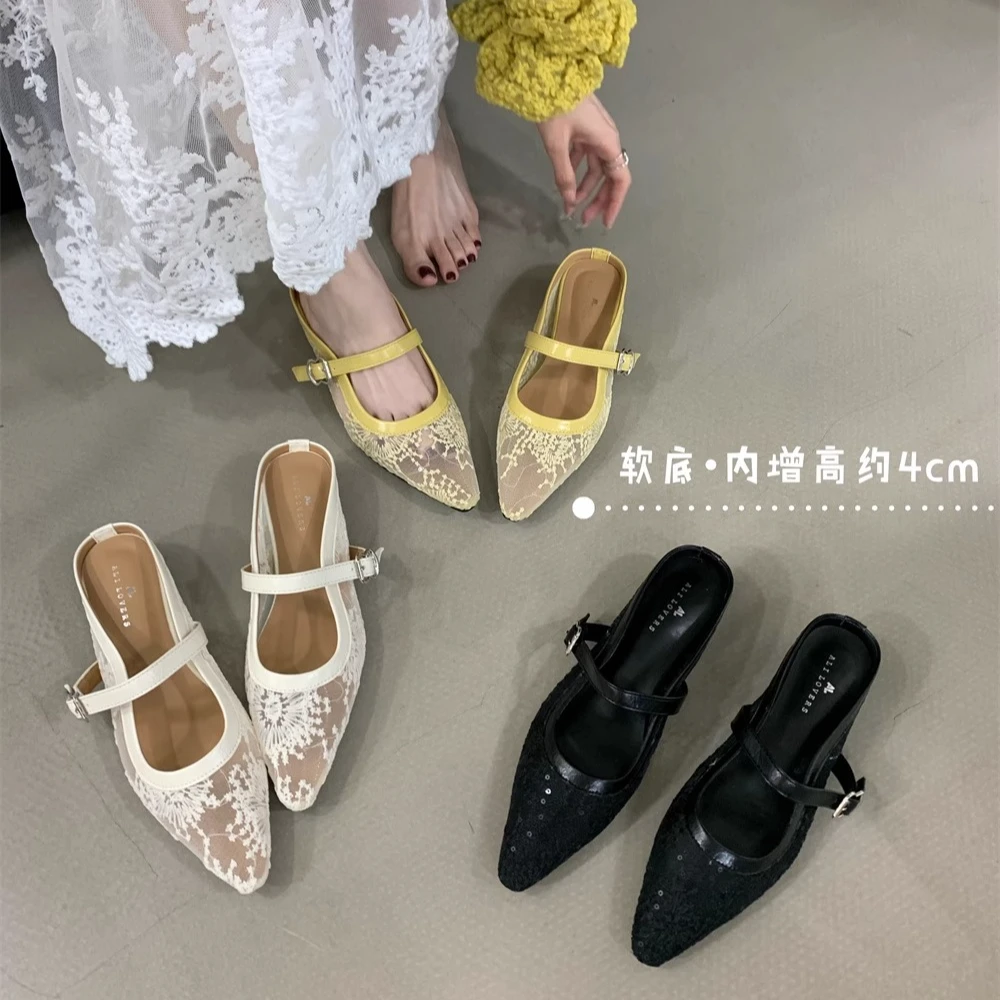 【娜菲专属】法式小香风网纱尖头包头半拖鞋女新款外穿一字带时尚