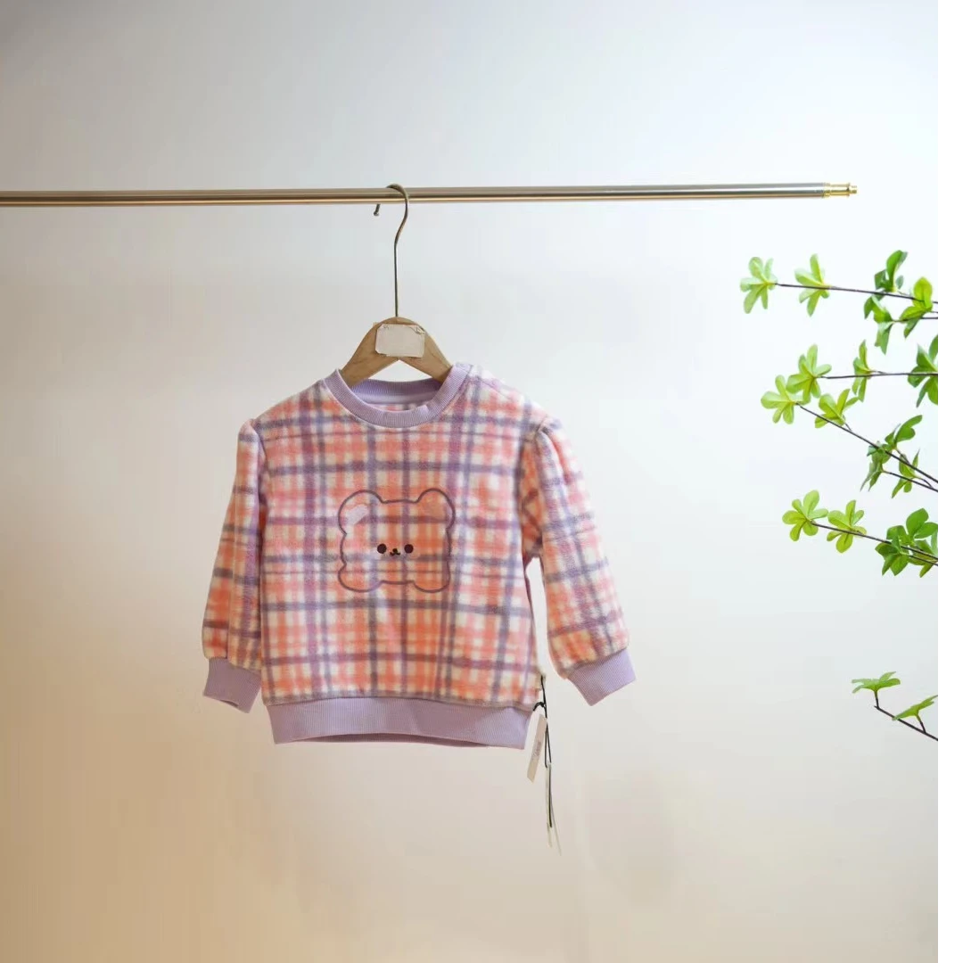 8357-粉紫格小熊可爱加绒儿童卫衣