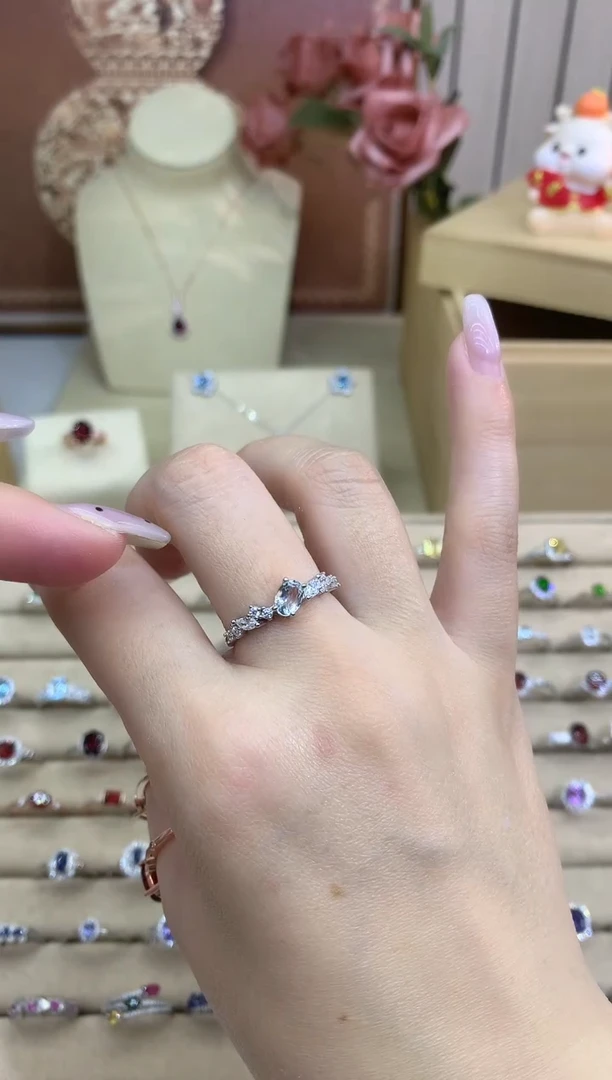 银S925镶嵌戒圈海蓝宝石海蓝宝