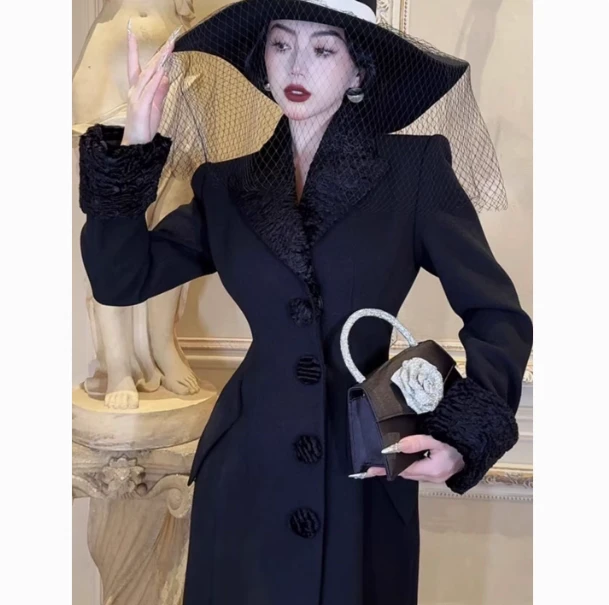 OUPAN欧盼 深圳南油原创 秋冬赫本风收腰高级长款气质外套大衣963