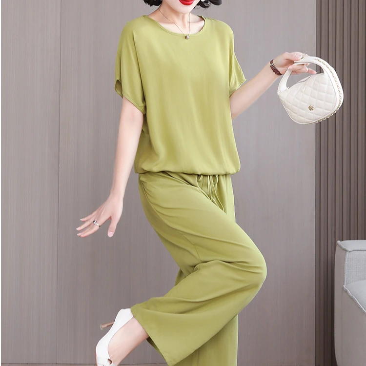 特价高档棉绸套装女时尚透气妈妈夏装人造棉短袖九分裤两件套外穿
