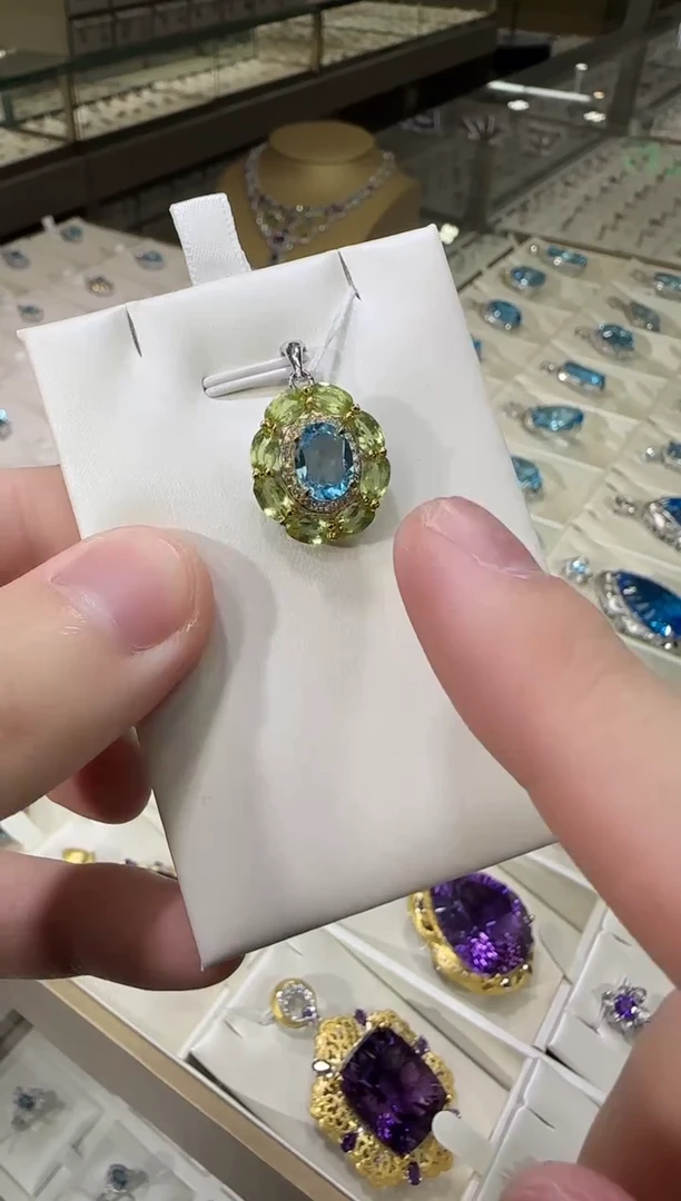 颈饰银S925镶嵌托帕石9*7mm多彩宝吊坠