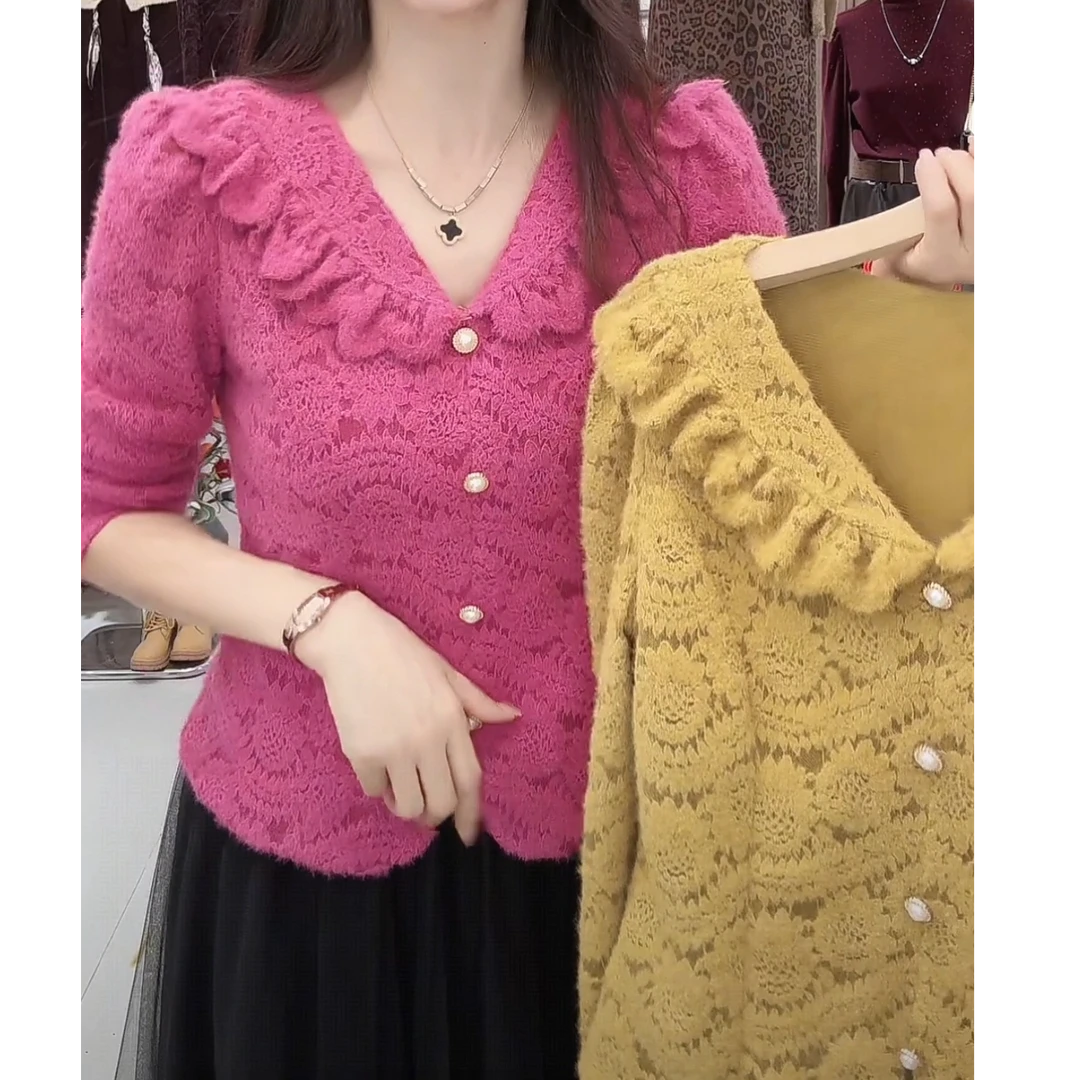 甜美法式V领花边蕾丝2025秋季新款打底衫长袖显瘦洋气修身上衣