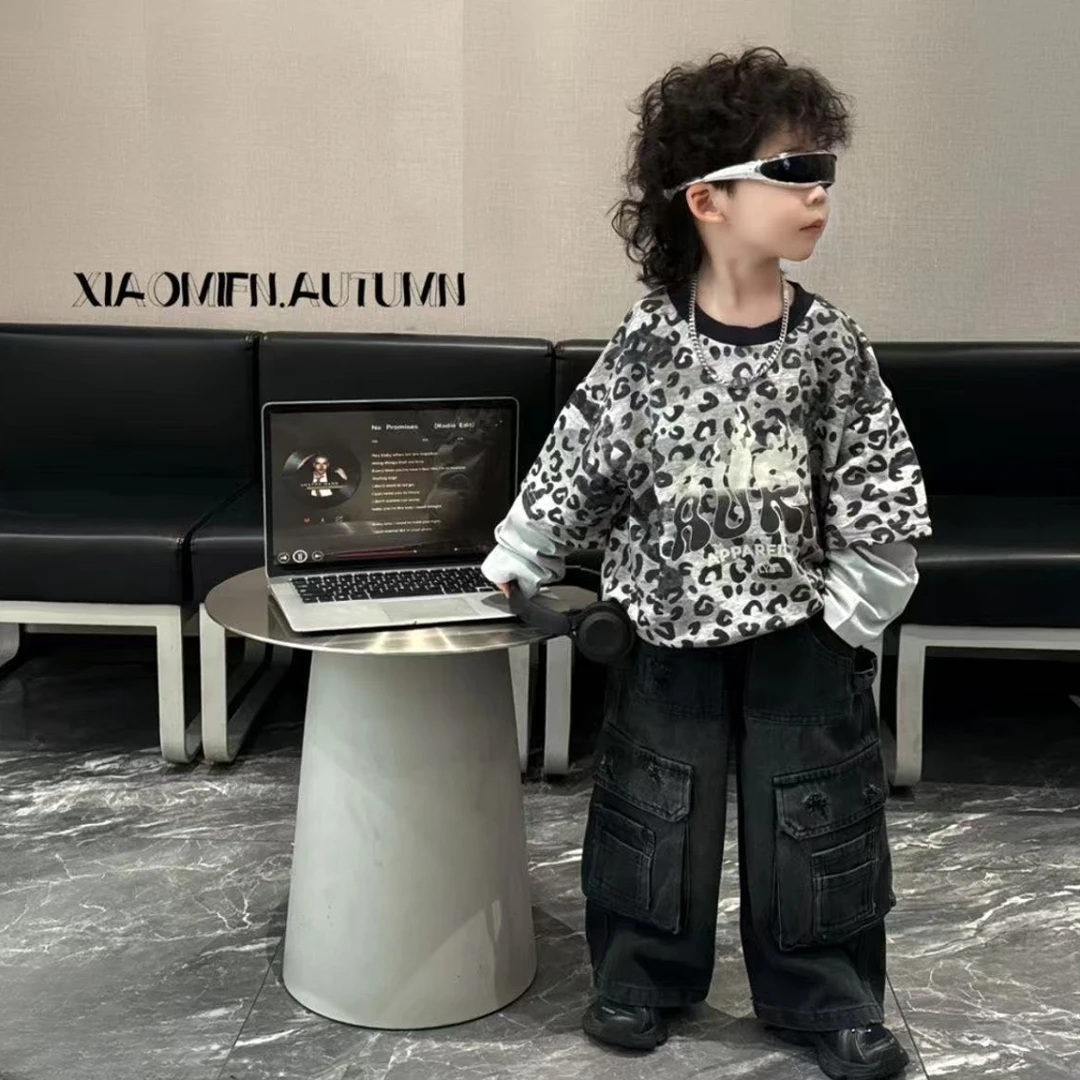 中小童男童秋季服装长袖t恤儿童打底衫中小童宝宝秋款豹纹假两件