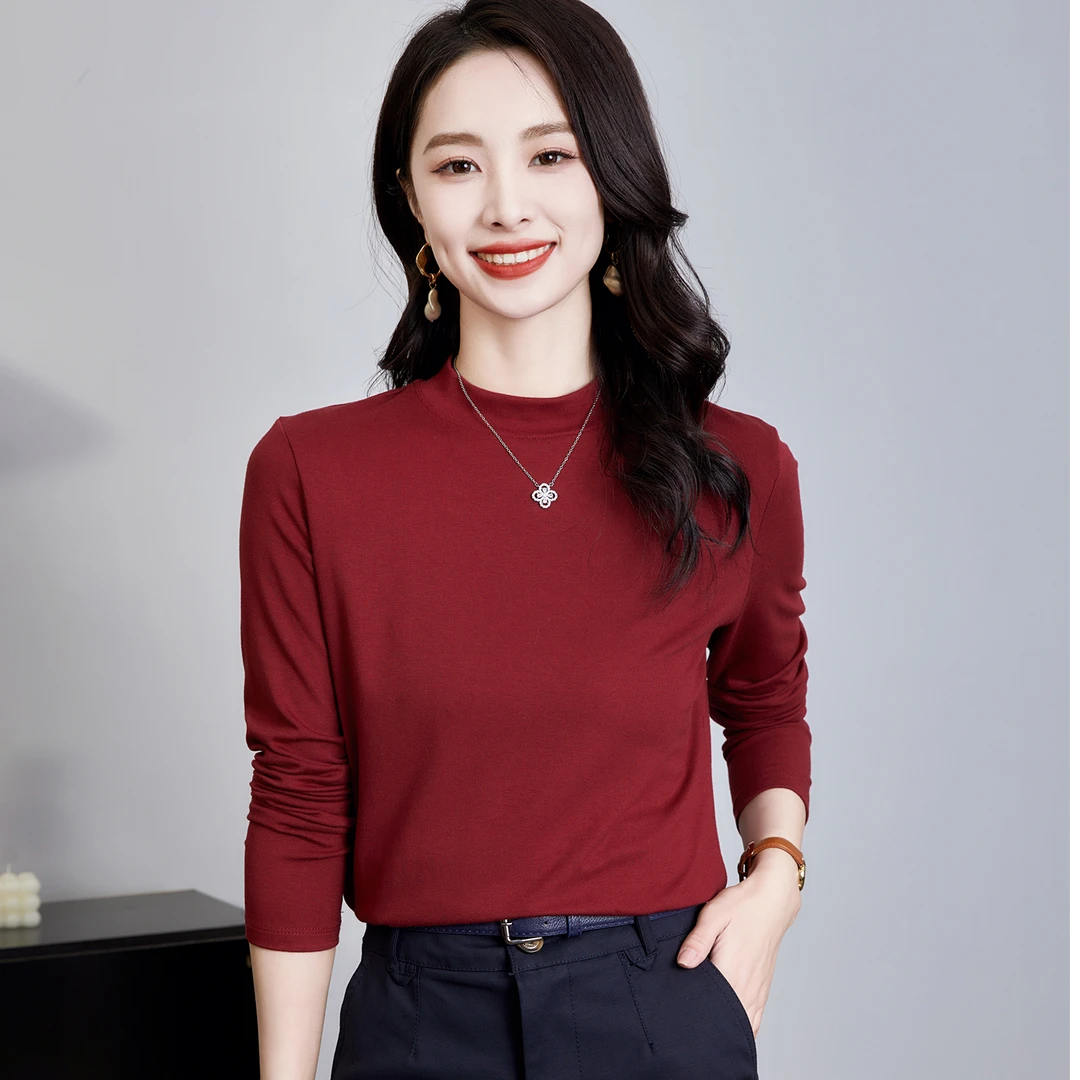 2025女士品质小立领打底衫可外穿春秋款显瘦气质纯色百搭长袖802