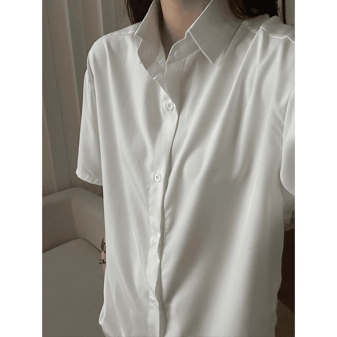 白色冰丝短袖衬衫男夏季薄款宽松休闲衬衣高级感叠穿防晒外套潮牌